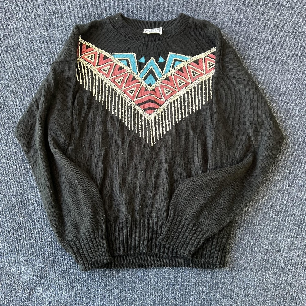 Vintage Kenneth Too Sweater Womens Medium Beaded Geometric Pullover USA 80s